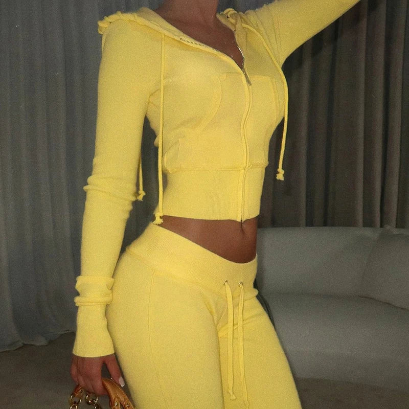 BIIKPIIK Drawstring Hooded Hoodie Suits Autumn Winter Solid Zipper Women Casual Pants Set Street Sporty Sweatshirt Two Piece Set