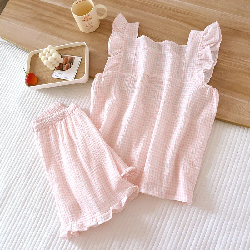 2025 Japanese summer new women's pajamas suit short-sleeved shorts two-piece 100% cotton crepe simple checked thin home clothes