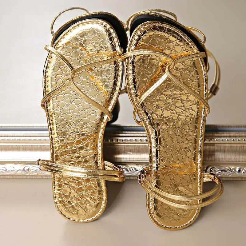 Brand Designer Gold Pu Cross Strap Sandals Women 2025 Summer Round Toe Narrow Band Flat Heels Sandals Sexy Beach Shoes Women
