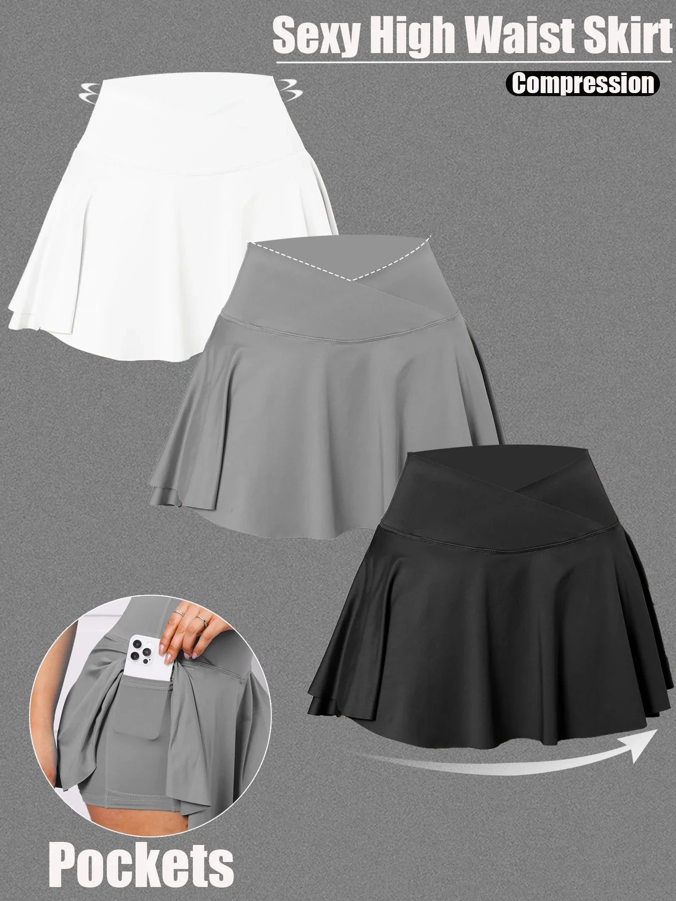3Pack Dopamine Pockets Tennis Skirts for Women Fitness Skinny Pleated Skirt Outdoors Corset Pockets Shorts High V Waist