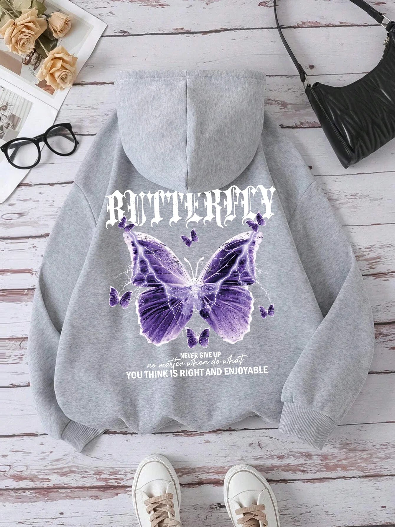 Beautiful Purple Butterfly Printing Hoodies Women Fleece Pocket Hoody Simple Casual Hoodie Autumn Loose Female Streetwear