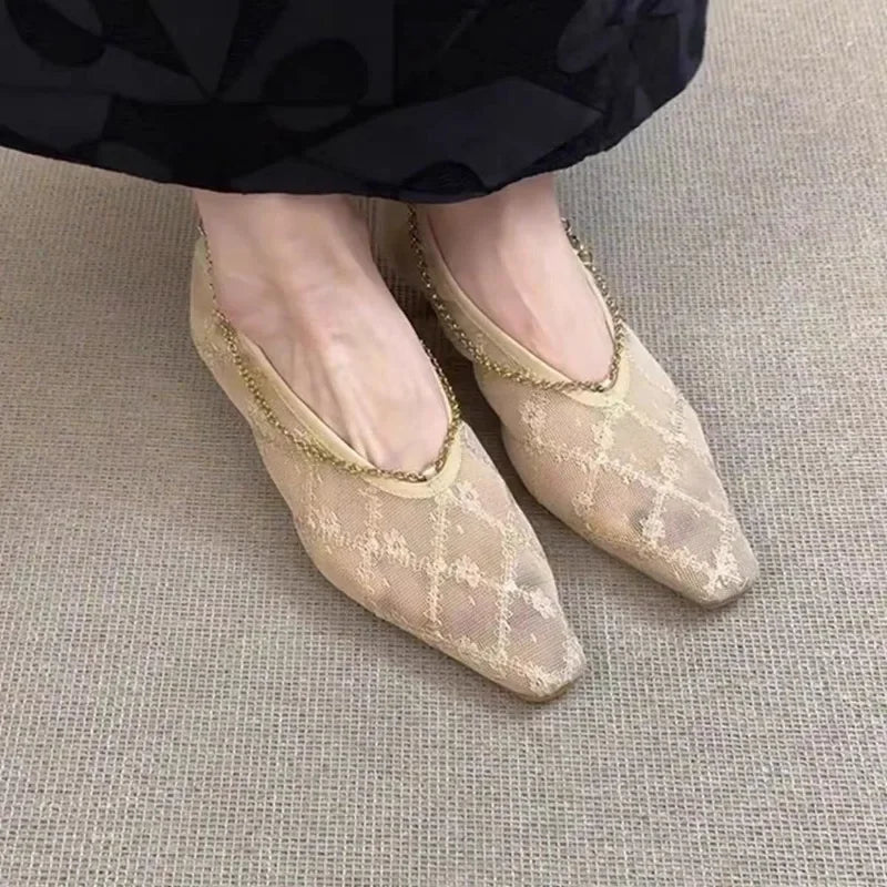 2025 New Lace Mesh Breathable Single Shoes Women's Summer French Square Toe Slip-On Chain Mary Jane Flats