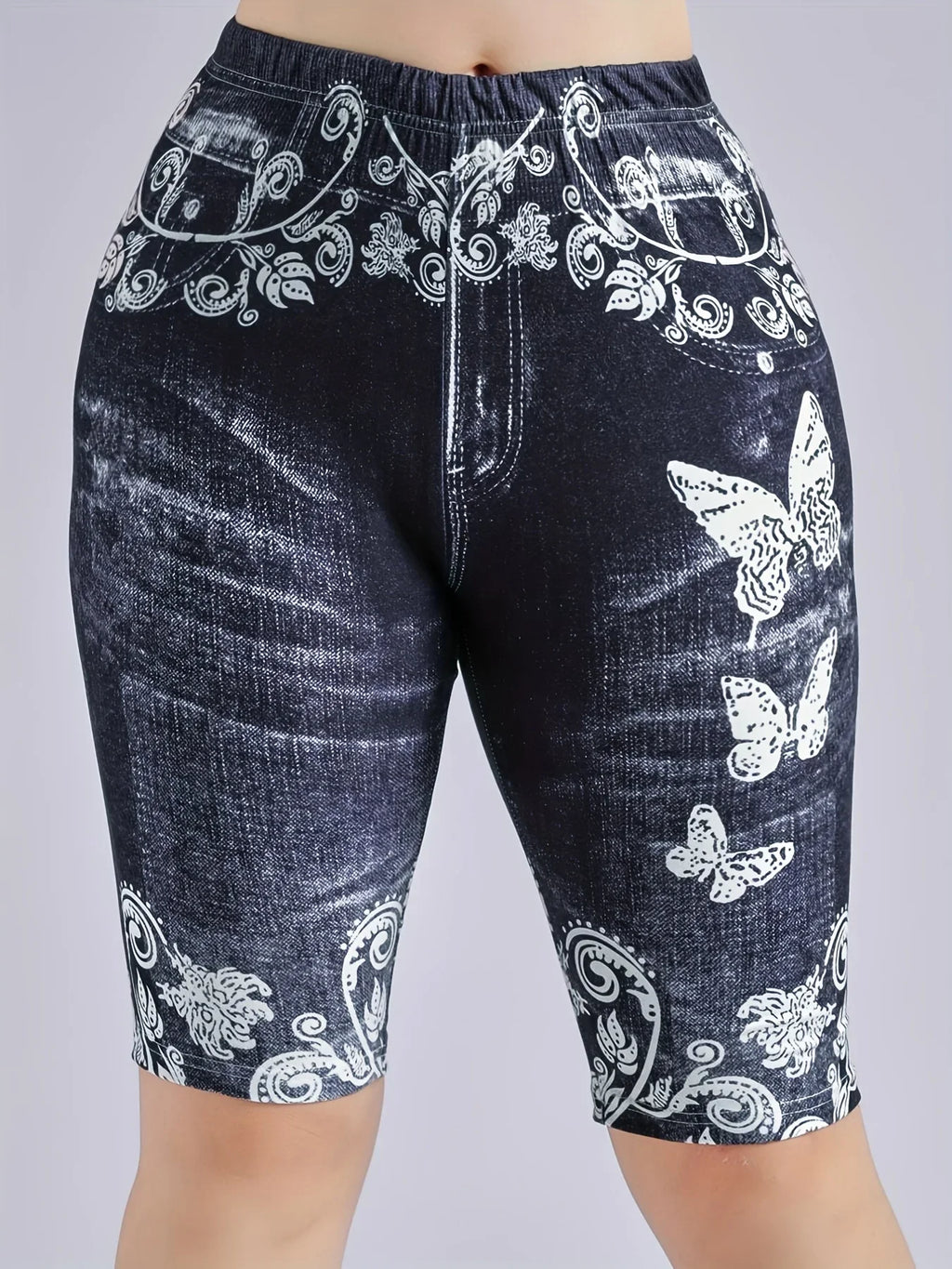 3 Piece Set Of Lmitation Denim Leggings For Women Butterfly Waist Fruit Flower Elastic Shorts High Waist Casual