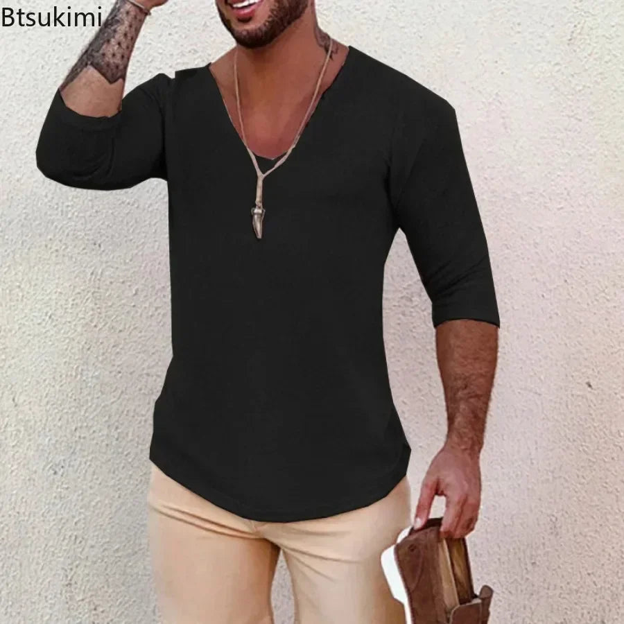 2025 Men's Casual Long Sleeve Kniited Sweaters Thin Style Mens Spring Autumn Clothing Solid V Neck Knitting Pullover Knit Tops