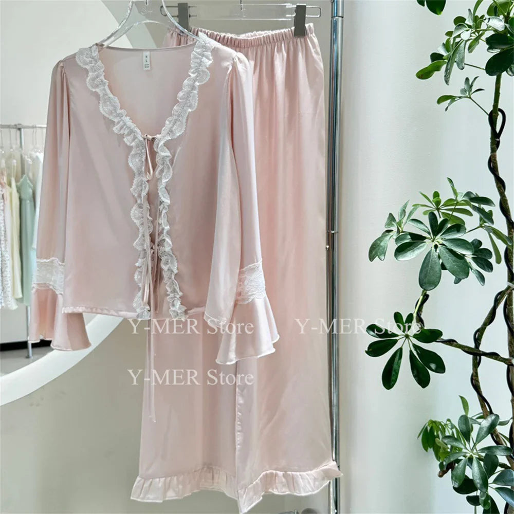 Blue Pajamas Set Elegant Home Clothes Ice Silk Sleepwear Women Loose Trousers Suit Four Seasons Loungewear Sexy Lace Nightgown