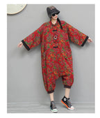 Artistic Large Floral Cotton Linen Chinese Style Button Embroidery Loose Casual Jumpsuit Women LX4344