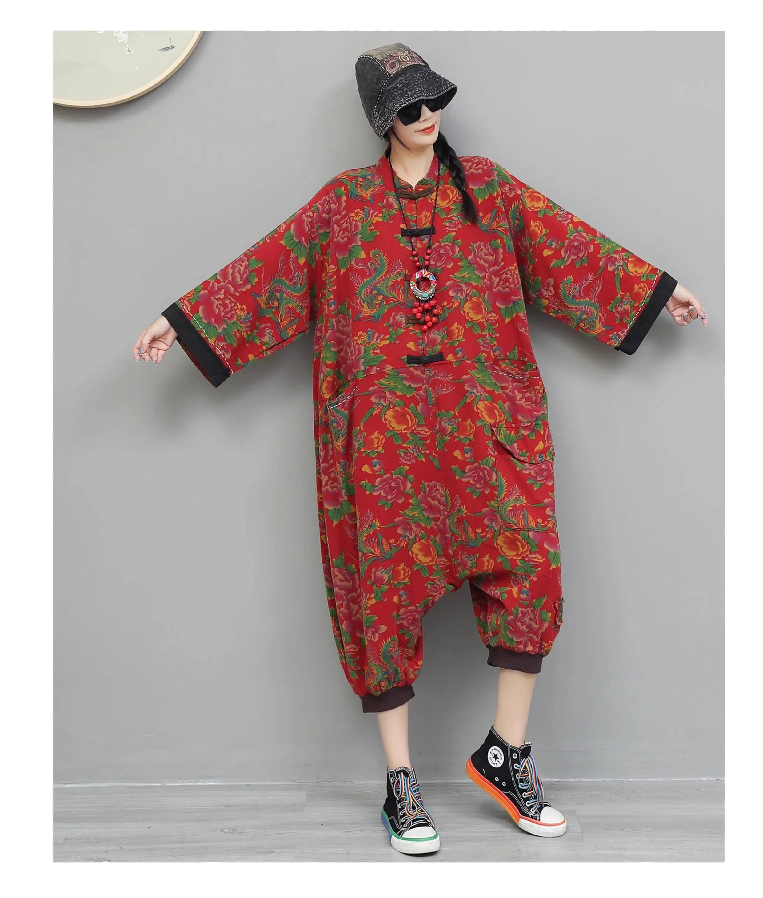 Artistic Large Floral Cotton Linen Chinese Style Button Embroidery Loose Casual Jumpsuit Women LX4344