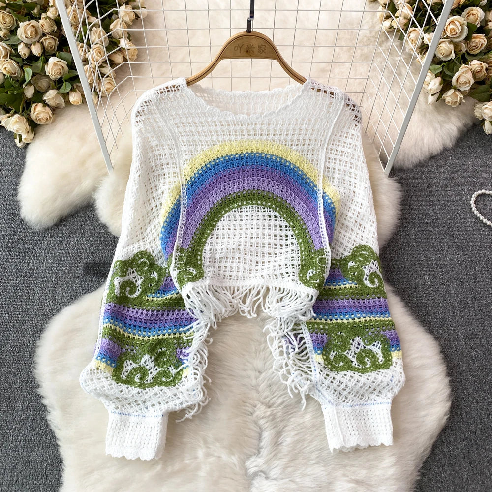 Embroidery Rainbow Crochet Top Sheer Openwork Pullover Batwing Sleeve Cover Up for Women Spring Summer Fairycore Outfit