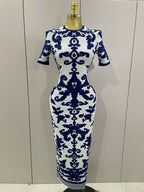 2025 New Sexy Short Sleeve Jacquard Blue Bandage Bodycon Long Dress Women Celebrity Elegant Evening Club Party Luxury Dresses
