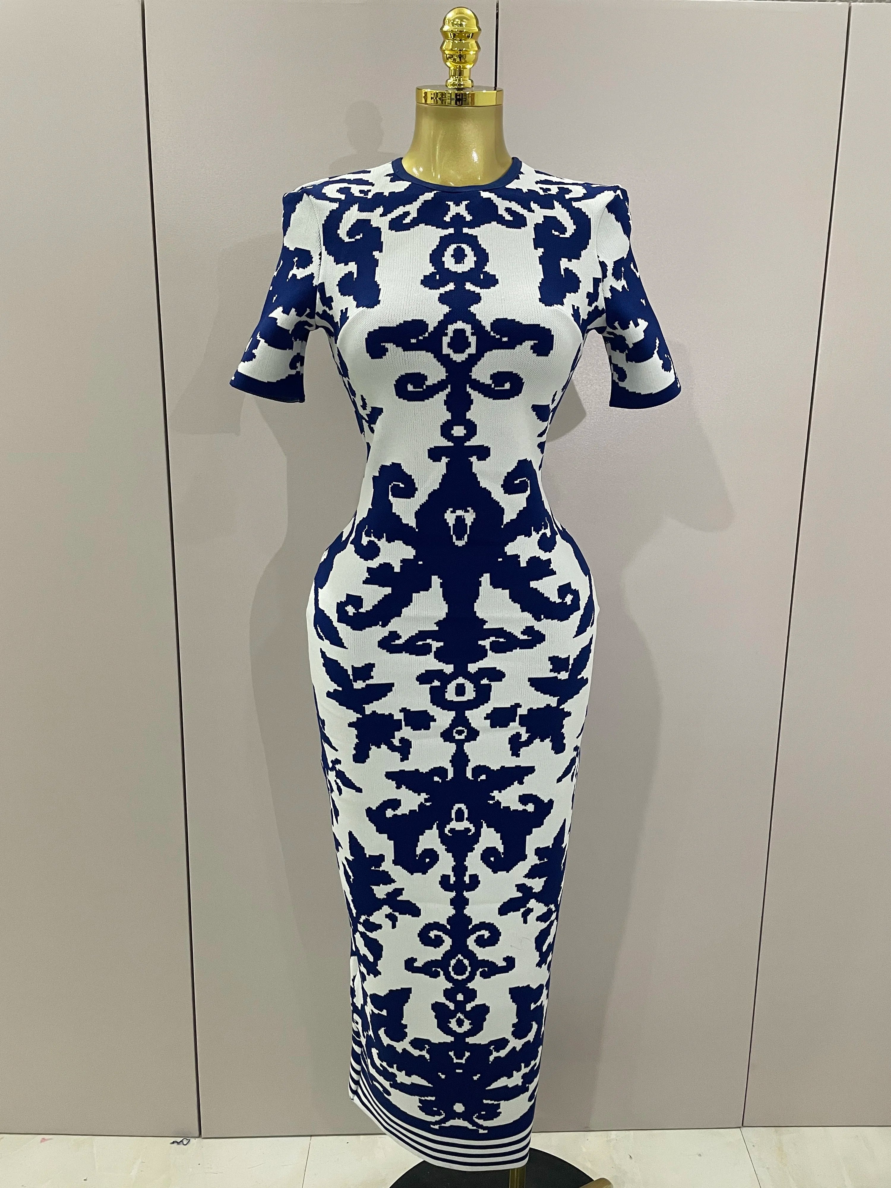 2025 New Sexy Short Sleeve Jacquard Blue Bandage Bodycon Long Dress Women Celebrity Elegant Evening Club Party Luxury Dresses