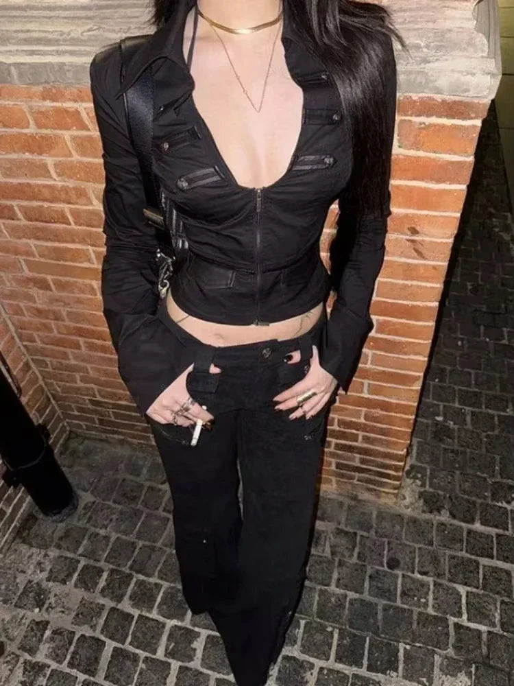 Gothic Y2k Aesthetic Women Sexy Hollow Out T-shirt Vintage Lace Patchwork Streetwear Grunge Tops Harajuku Slim Fit Black Tees