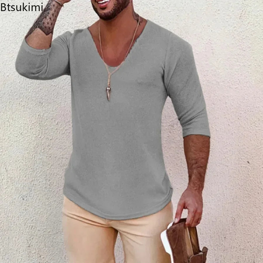 2025 Men's Casual Long Sleeve Kniited Sweaters Thin Style Mens Spring Autumn Clothing Solid V Neck Knitting Pullover Knit Tops