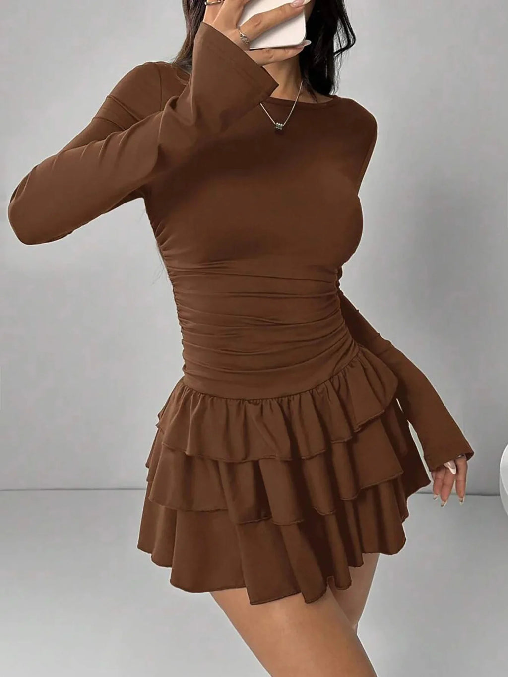 2025 Autumn Solid Slim Fit Cascading Ruffles Mini Dress Winter Women Elegant Flare Sleeve High Waist Sexy Party Bodycon Dresses