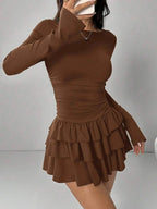 2025 Autumn Solid Slim Fit Cascading Ruffles Mini Dress Winter Women Elegant Flare Sleeve High Waist Sexy Party Bodycon Dresses