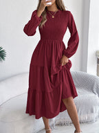 Autumn Winter Elegant Dresses for Woman Solid Color Round Neck Long Sleeve Ruffled Dresses Khaki Green Red