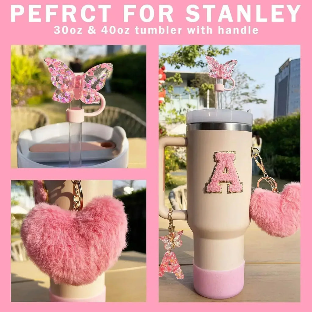 9PCS Accessory Set for Stanley Cup 30oz 40oz Butterfly Straw Cover Cap Silicone Boot Charm Initials Sticker Spill Proof Stopper