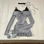 2024 High Street Two Piece Set Gray Slash Neck Long Sleeve Spliced Plested Dresses Y2k Aesthetic Vintage Lace Design Sling Dress