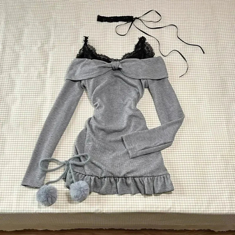 2024 High Street Two Piece Set Gray Slash Neck Long Sleeve Spliced Plested Dresses Y2k Aesthetic Vintage Lace Design Sling Dress