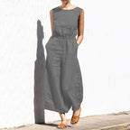 Elegant Solid Cotton Linen Women Jumpsuit Fashion Button O Neck Sleeveless Pocket Jumpsuits Ladies Elastic Waist Office Clothing