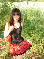 2025 Streetwear Lace Patchwork Tank Tops Women Y2k Aesthetic Halter Crop Top Sweet Bandage Off Shoulder Cross Drawstring Tanks