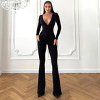2025 Women Autumn Black Long Sleeve V Neck Jumpsuits Streetwear Bodycon Sexy Sporty Casual Rompers Fashion Overall Body Tops