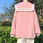 Autumn Sweet Women Hoodies Loose Hooded Sailor Collar Cute Lace Patchwork Female Zip Up Hoodies 2025 NEW