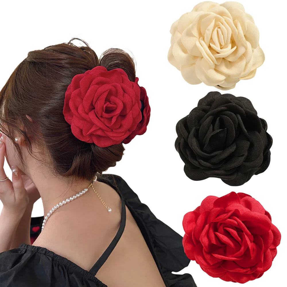 16 Colors Sweat Medium Size Cotton Fabric Rose Flower Hair Claw Clips for Women Korean Ctach Shark Clamp Hair Accessories 2024