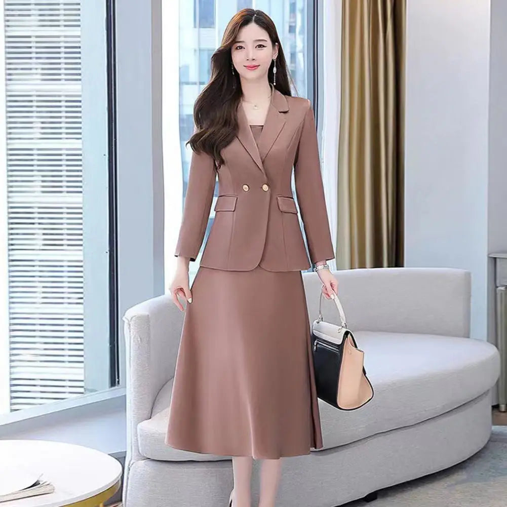 2Pcs/Set Summer Women Suit Dress Outfit  Solid Color Mid-length Lady Dress Sets Light Luxury Commute Sling Dress Coat Set