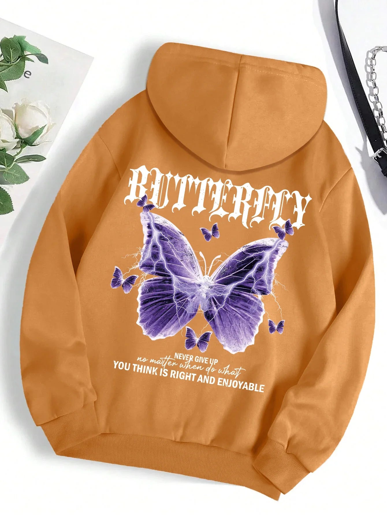 Beautiful Purple Butterfly Printing Hoodies Women Fleece Pocket Hoody Simple Casual Hoodie Autumn Loose Female Streetwear