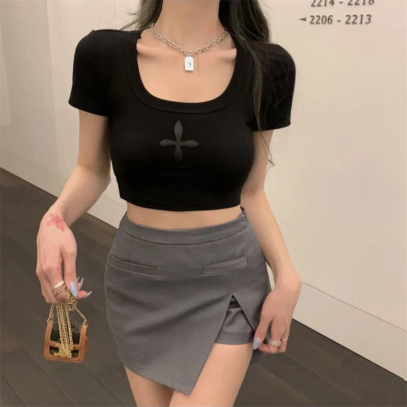 2025 Summer tshirt Women Black Cross Print Short T-Shirt Sexy U Neck Crop Top Short Sleeve Tops Tee Female Shirts