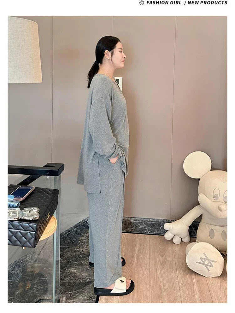 150KG Extra Large Size Loose Pajamas Women Solid Long-sleeved V-neck Two-piece Set Spring Casual Loungewear Can Be Worn Outside