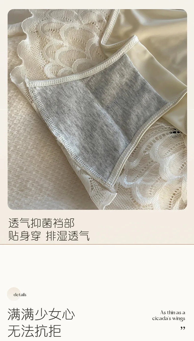 5Pcs Silk underwear, Women's intimate  sexy lovely soft ﻿comfortable bowknot silk  light  thin triangular pants lace splicing