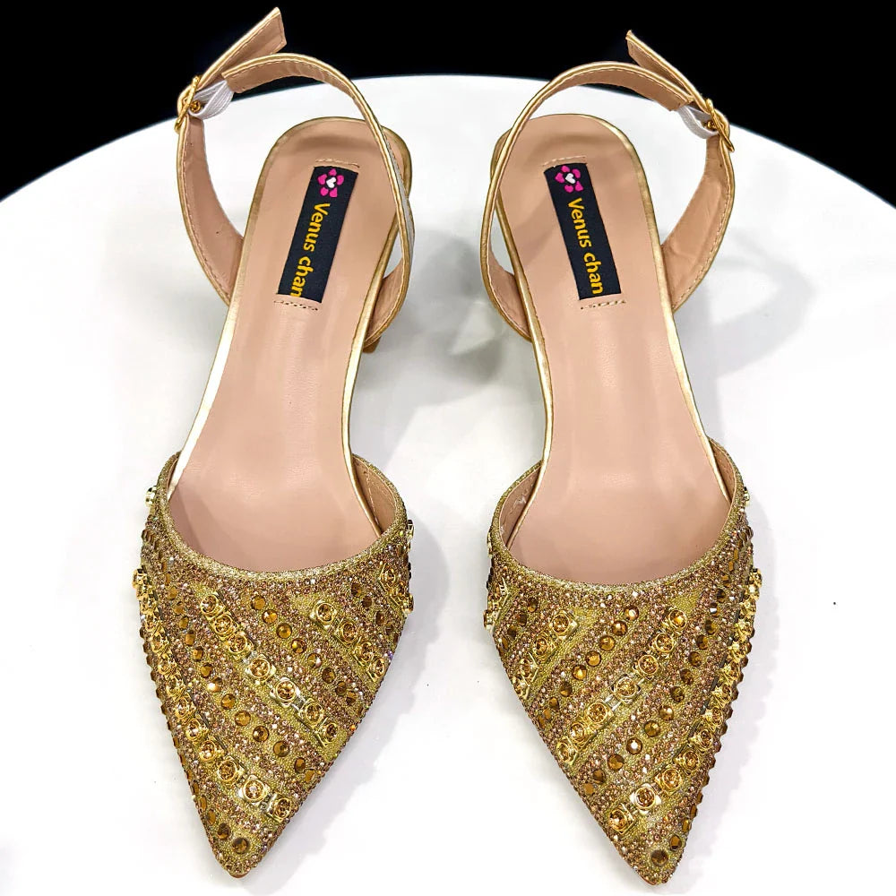 2025 Luxurious Italian Women's Party Shoes & Bag Set â€?Elegant Golden Rhinestone Spring/Summer Sandals with Pointed High Heels f