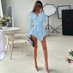 2025 New Autumn Irregular Hem Dress Women Y2K Flare Sleeve V-Neck Bandage Stretch Elegant Birthday Party Chic Hipster Bodycon