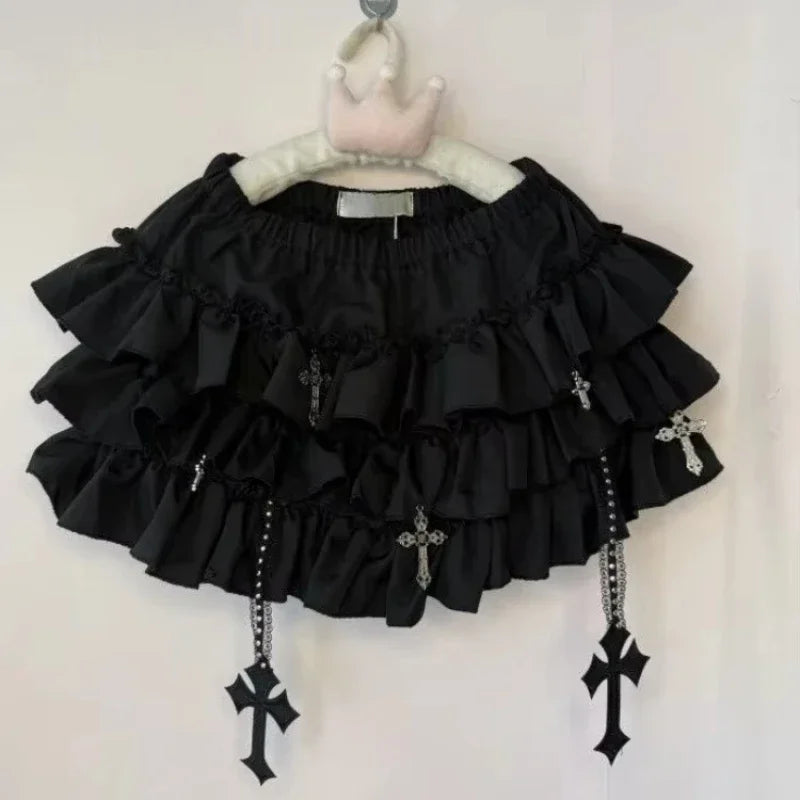 Emo Women Y2K Japanese Goth Elastic Waist Cross Mini Short Skirt High Waist Aesthetic Acubi Ruffle Skirts A-line 2000s Clothes