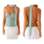 Combhasaki Women Summer Sleeveless Beading Camis Top V-neck Tie-up Cross Backless Pearl Glitter Sequin Flower Embroideried Vest