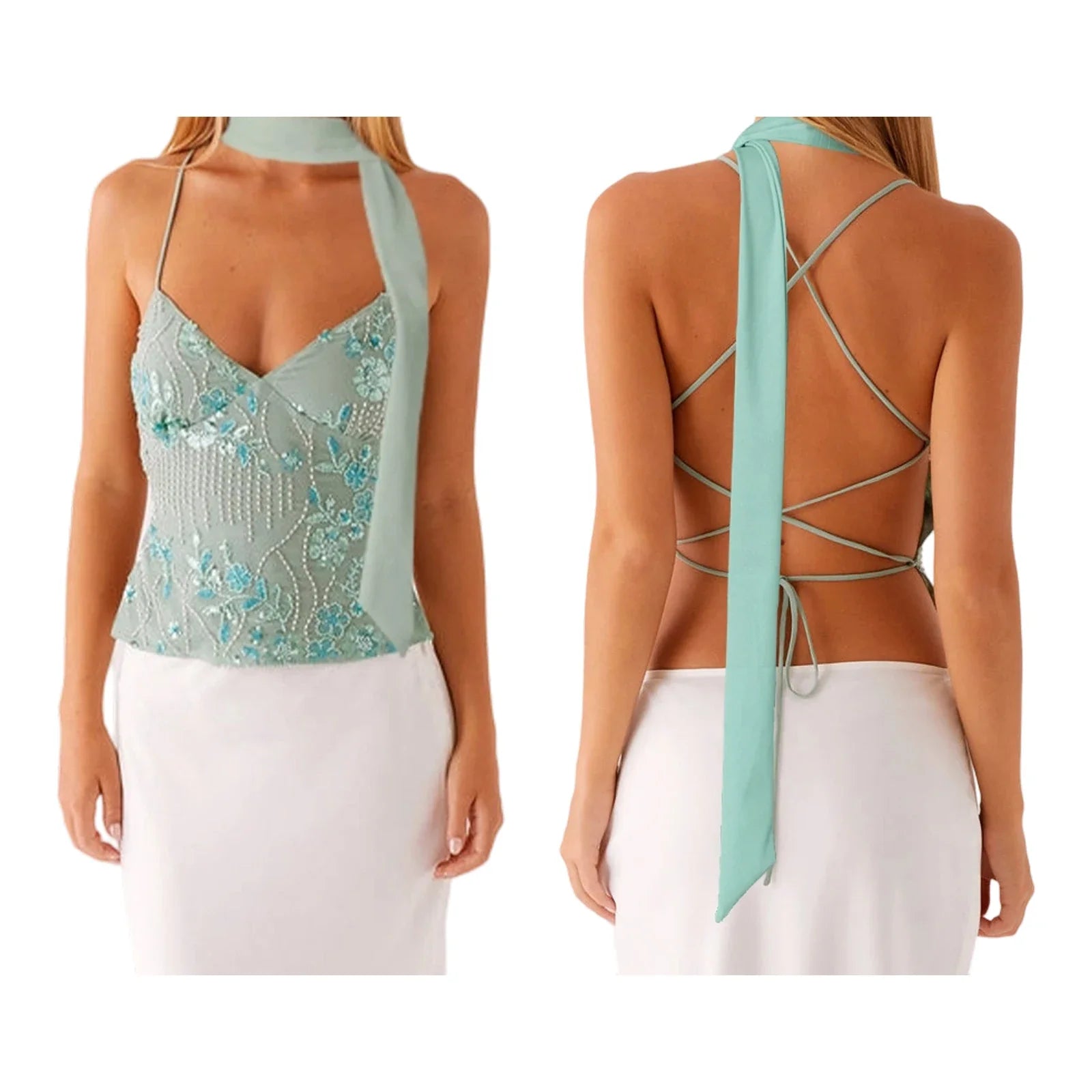 Combhasaki Women Summer Sleeveless Beading Camis Top V-neck Tie-up Cross Backless Pearl Glitter Sequin Flower Embroideried Vest