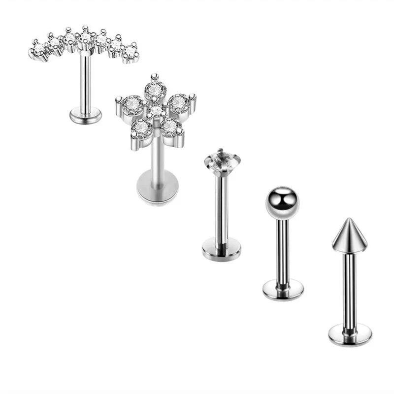 5PCS Flower Tragus Piercing Set Flat Back Cz Cartilage Stud Earring Helix Jewelry Conch Rook Stud Lot Labret Lip Piercing Bulk