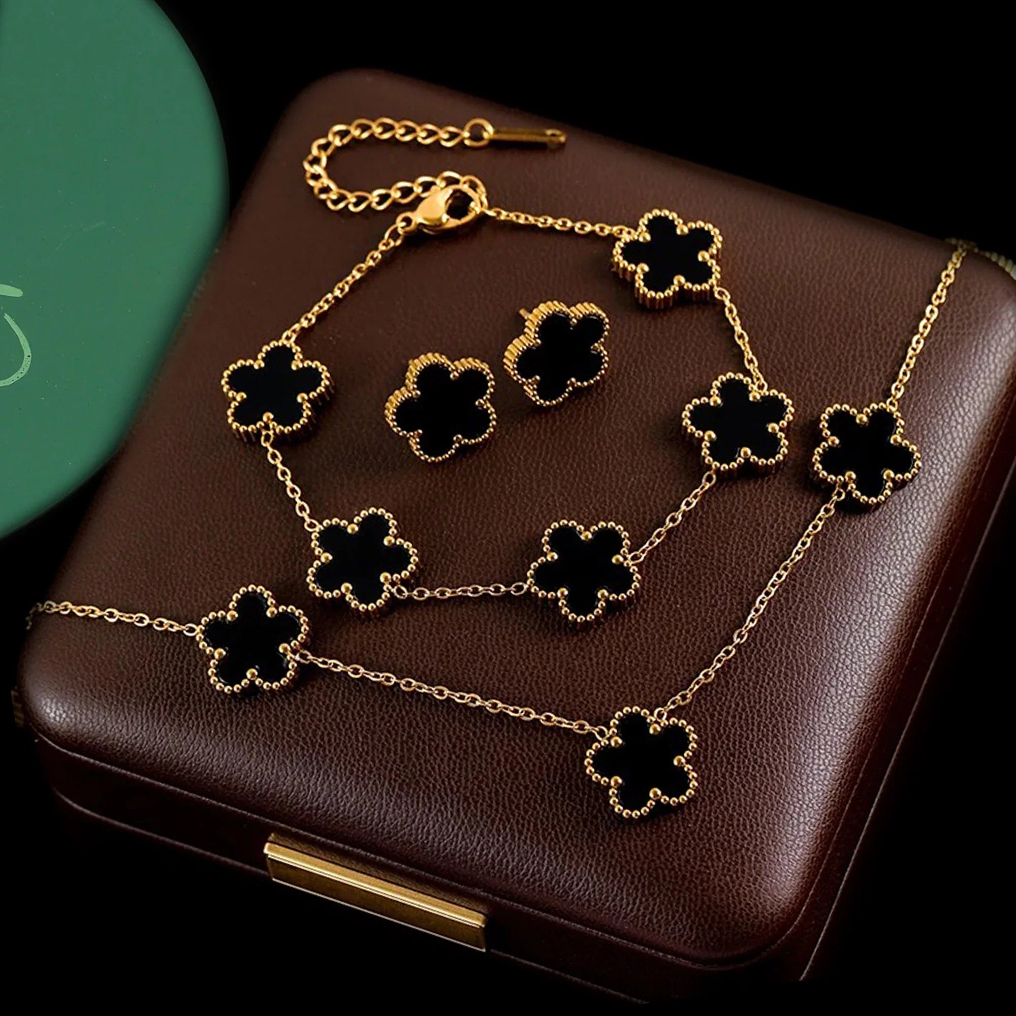 3Pcs Stainless Steel Hot Selling Gold Plated Clover Necklace Earrings Bracelet Jewelry Set Five Leaf Flower Jewelry For Women