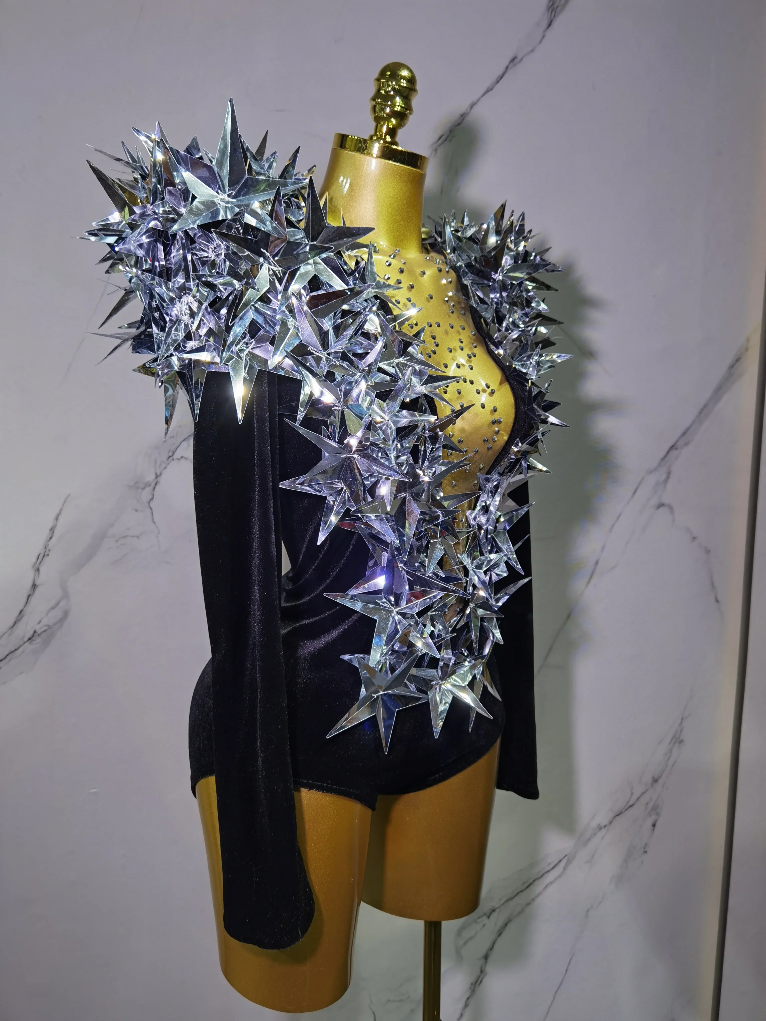 2025 New Shiny Black Rhinestone Velvet Long Sleeve Bodysuit Women Evening Party Club Gala Hosts NightClub Bar Stage Costumes