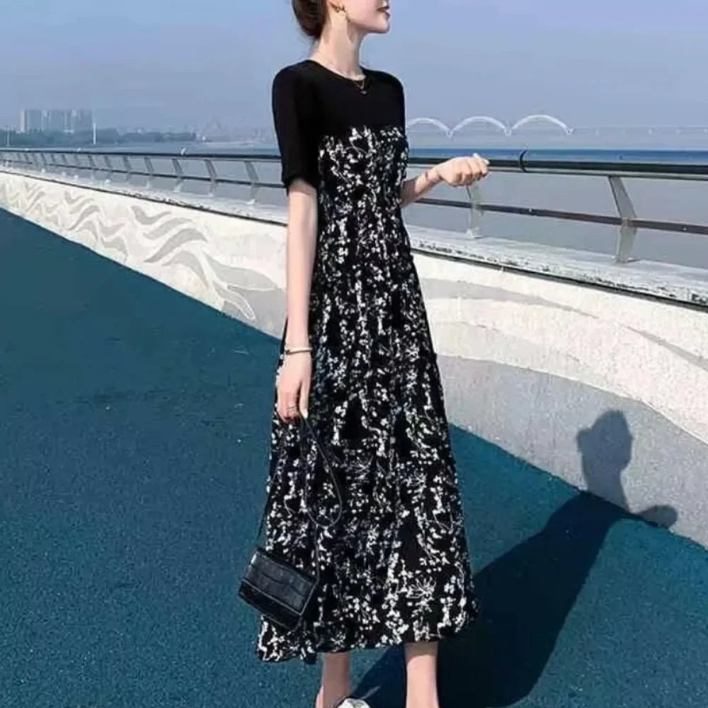 2024 New Summer Korean Version Elegant and Loose Floral Dress Short Sleeved Printed Patchwork Bandage for Women's Long Dress