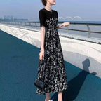 2024 New Summer Korean Version Elegant and Loose Floral Dress Short Sleeved Printed Patchwork Bandage for Women's Long Dress