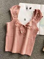 2024 Solid Color Ribbed Knotted Tank Top Casual Round Neck Tank Top For Spring & Summer Women's Clothing Knit Crop Top