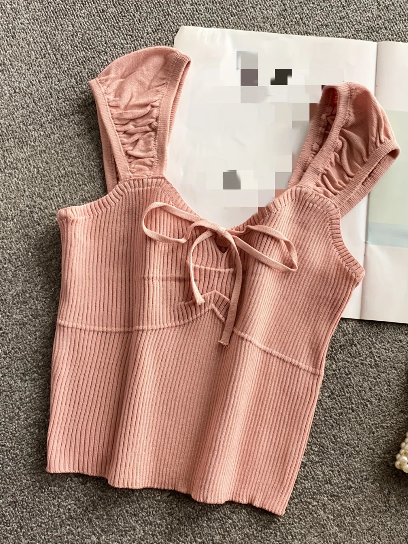 2024 Solid Color Ribbed Knotted Tank Top Casual Round Neck Tank Top For Spring & Summer Women's Clothing Knit Crop Top