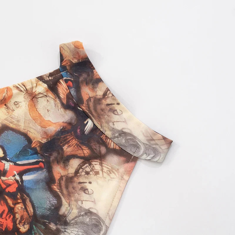 CUTENOVA Women'S Full-Body Printed Hanging Neck Big Backless Skinny Five-Point Jumpsuit Sexy Fashion Street Trend Jumpsuit