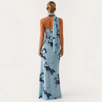 Elegant Floral Print Maxi Dress Backless Sleeveless Long Robes High Waist Slimming Dresses 2025 New Lady Vacation Beach Clothing