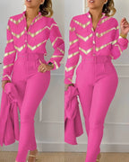 Autumn Winter Stand Neck Floral Print Long Sleeve Shirt Pants Two Piece Sets Elegant Women Casual Shirt Trousers Suits With Belt