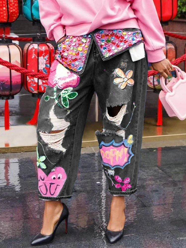 Chic Women Spring Floral Embroidery Diamonds Beaded Holes Denim Pants High Waist Loose Rhinestones Jeans Cowboy Broken Trousers
