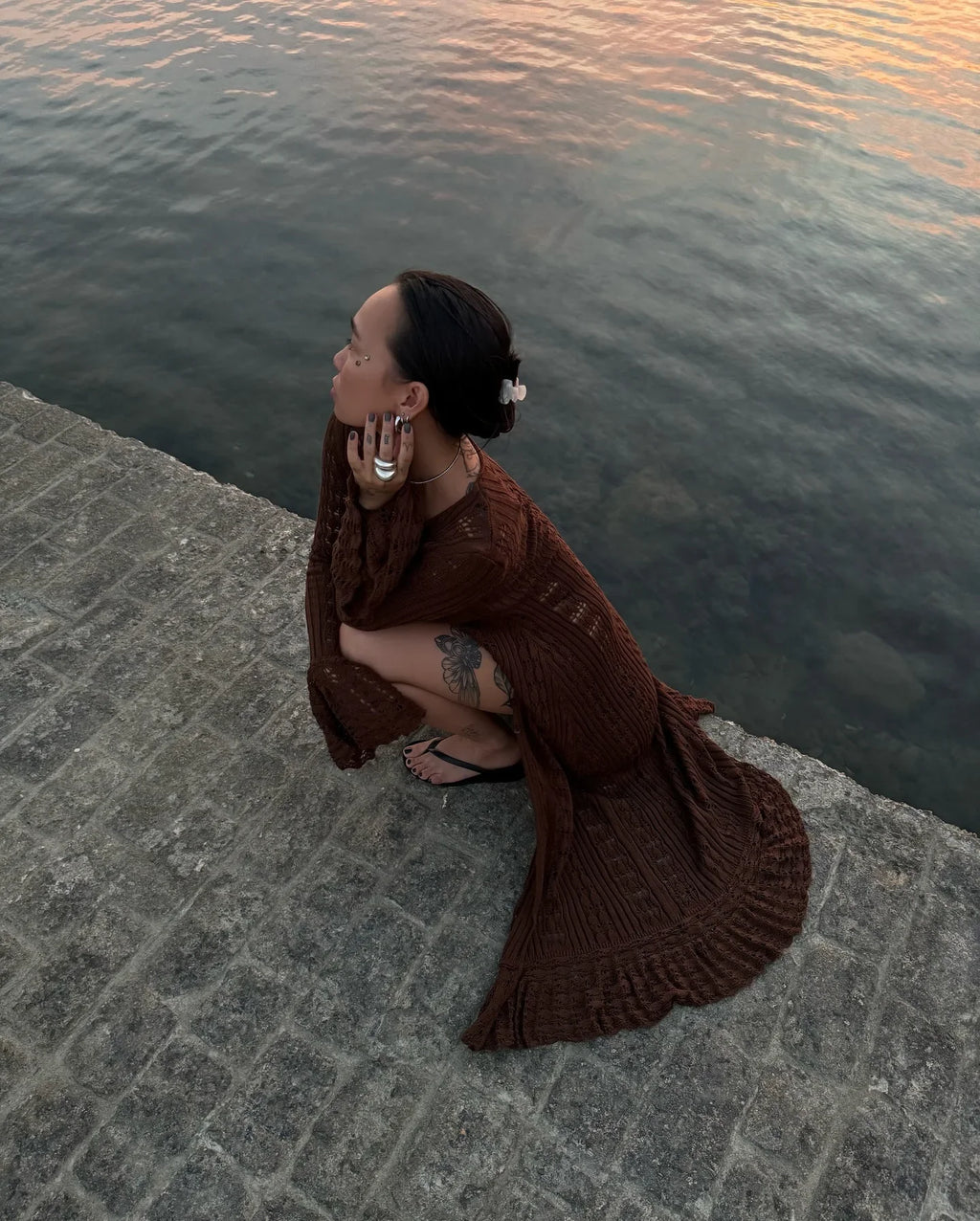 DSMTRC 2025 Holiday Knitted See-throught Cardigan Dress V Neck Long Flare Sleeves Leisure Long Trendy Single Breasted Autumn