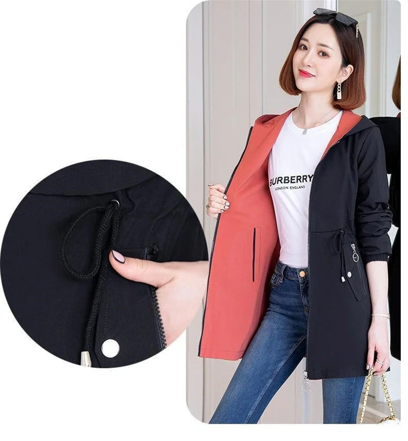 Double-Sided Trench Coat Women 2023New Fashion Spring Autumn Clothes Hooded Mid-Length Windbreakers Female Outerwear Casual Tops